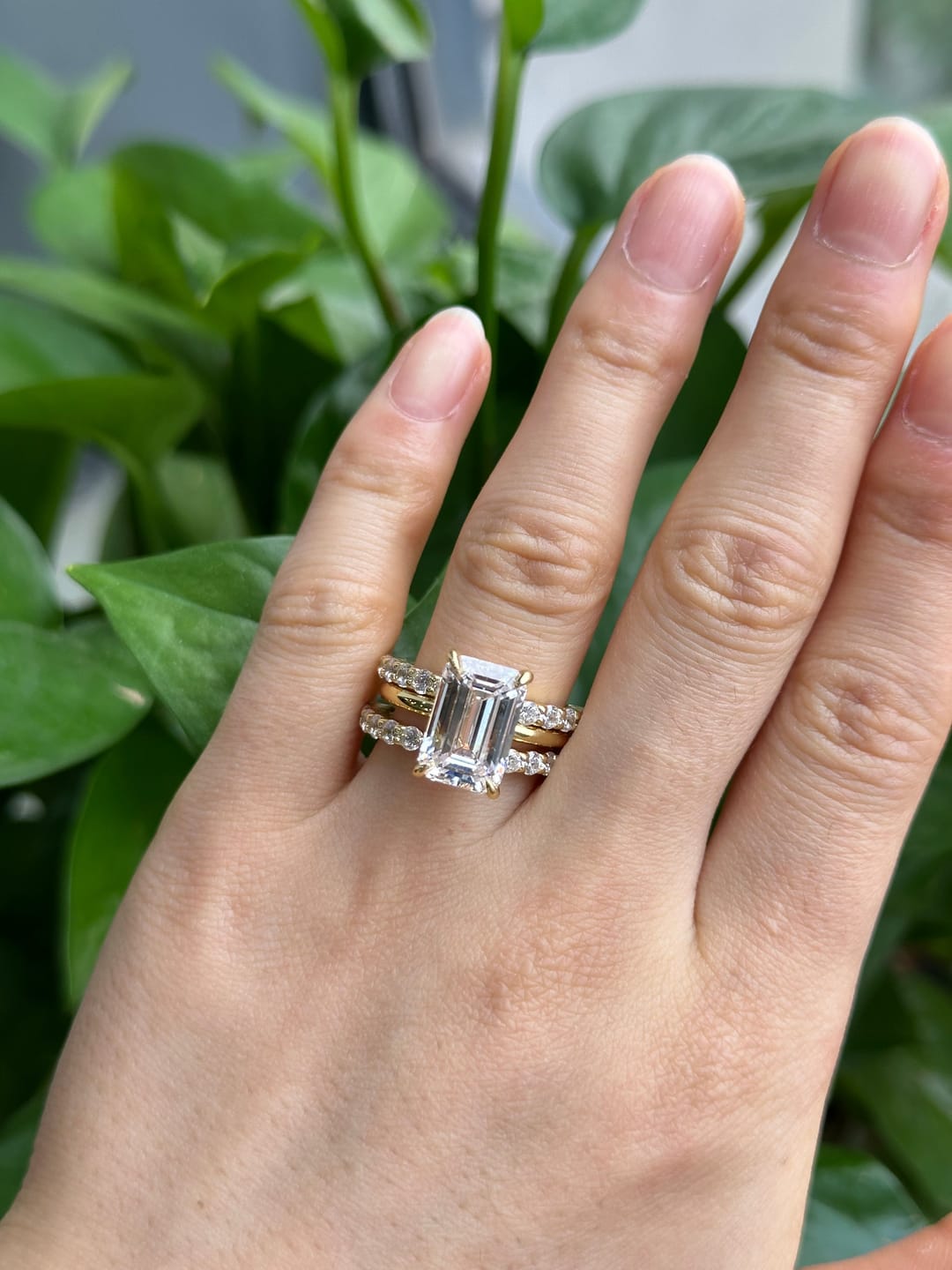 Customer photo review of 3PC 5.0Ct Emerald Cut Wedding Ring Set With Two Open Wedding Bands