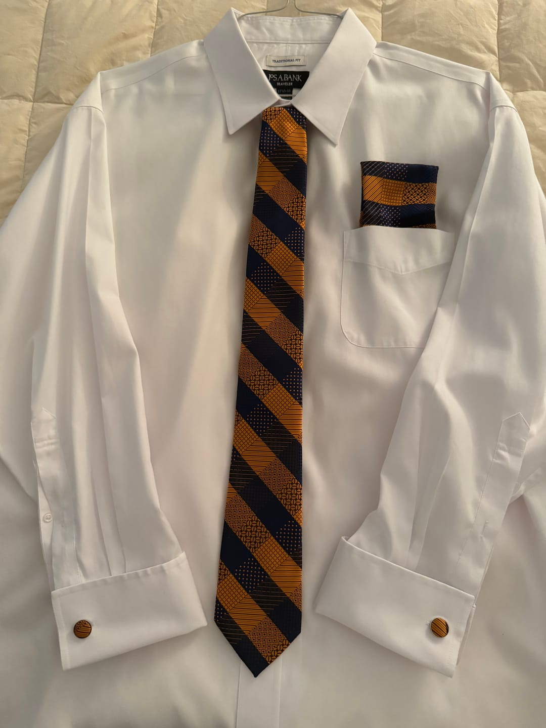 Customer photo review of Ties2you Mens Striped Necktie Formal Gold Purple Tuexdo Tie Handkercheif Cufflinks Set