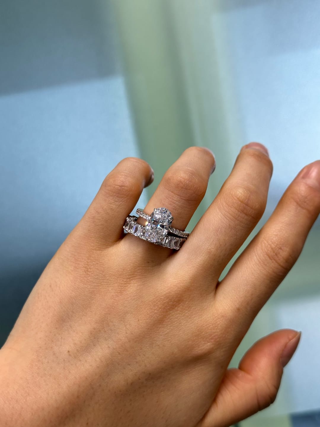 Customer photo review of S925 2PC Hidden Halo 4.0Ct Oval Cut Ring & 3.5Ct Emerald Cut Band Stackable Statement Ring Sets