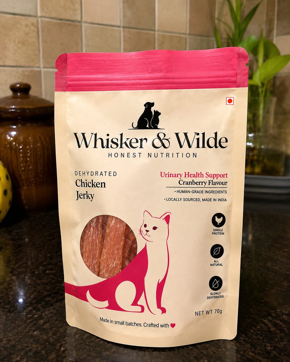 Customer photo review of Dehydrated Chicken Jerky – Cranberry (Cat)