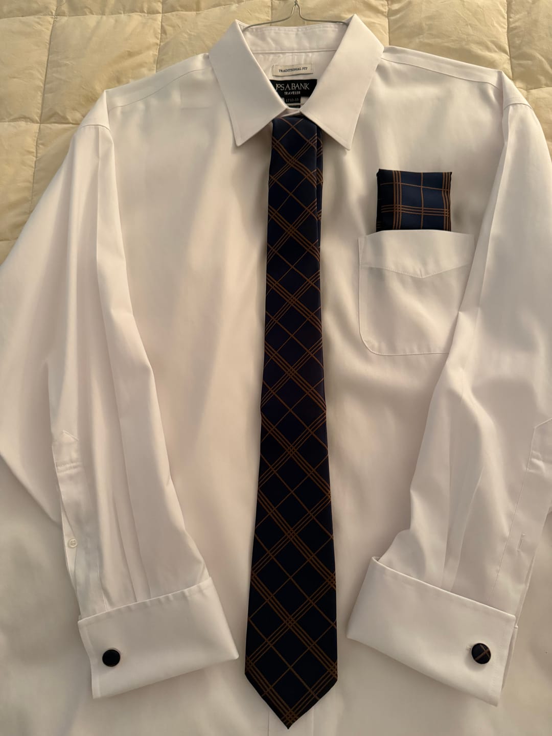 Customer photo review of Barry. Wang Deep Blue Gold Stripe Plaid Tie Pocket Square Cufflinks Set