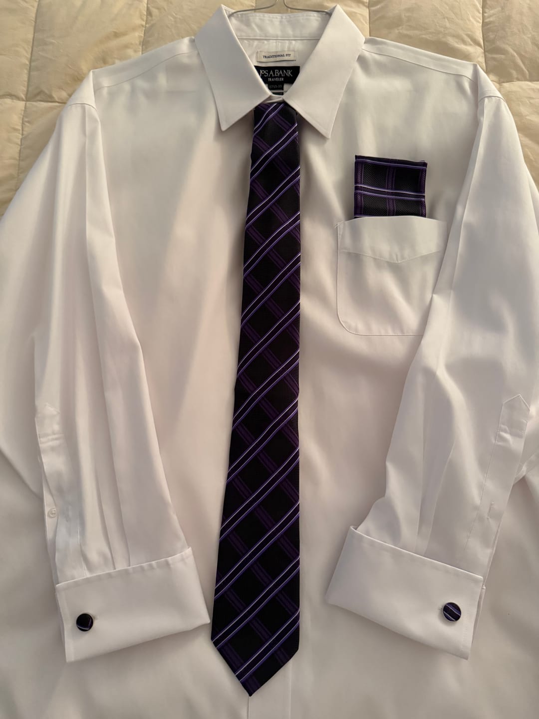 Customer photo review of Barry. Wang Checkered Black Purple Silk Tie Handkerchief Cufflinks Set