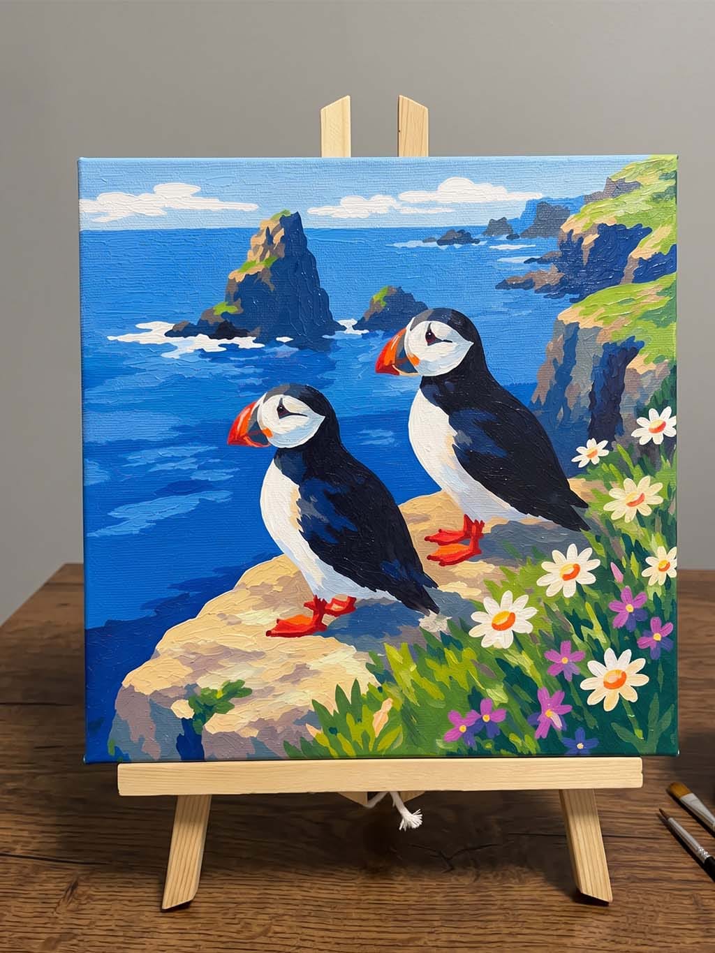 Customer photo review of Mini Peinture par Numéros 20x20cm avec cadre Macareux sur les falaises océaniques