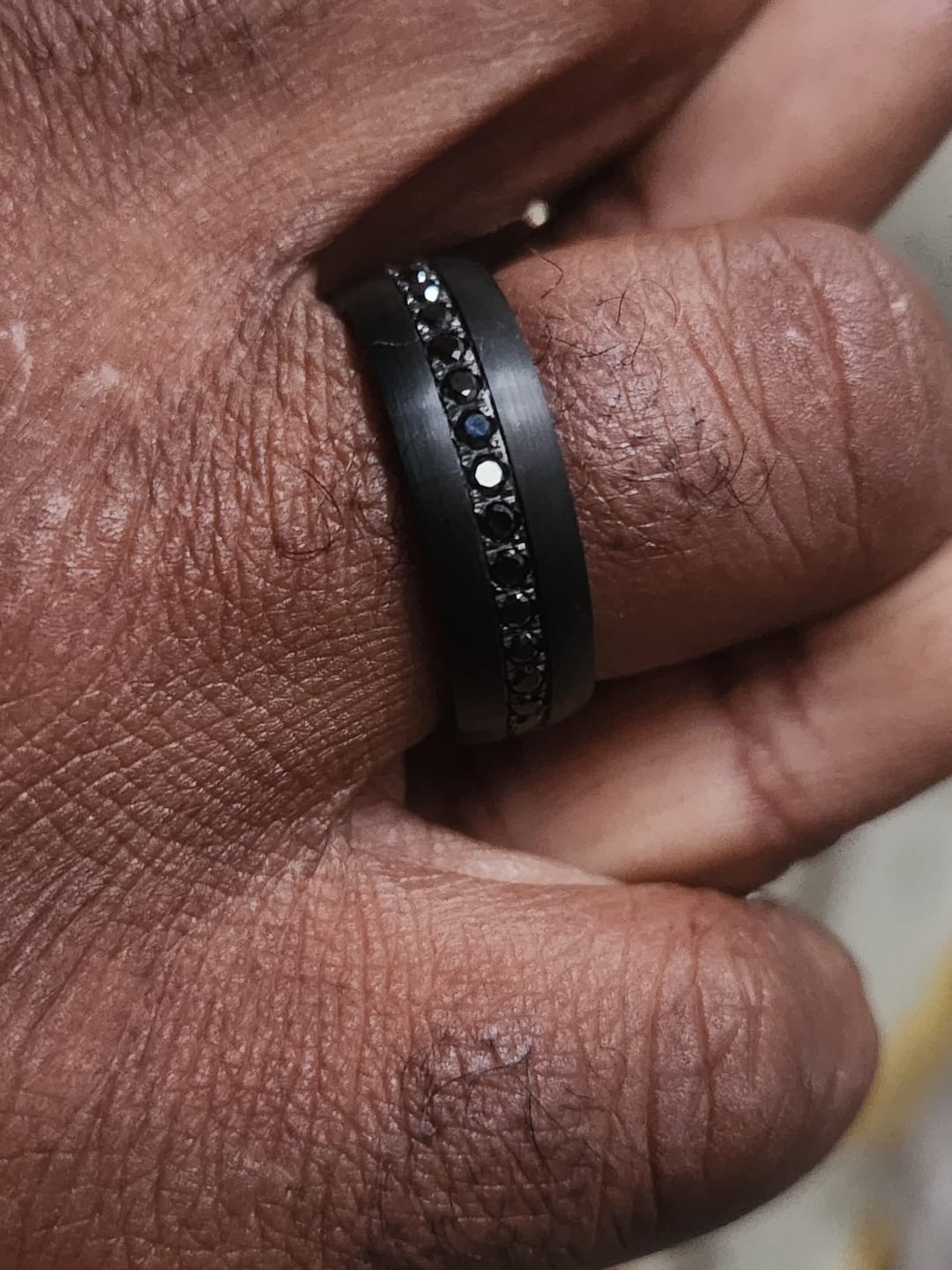 Customer photo review of 8mm Black Tungsten Wedding Band with Black Sapphires