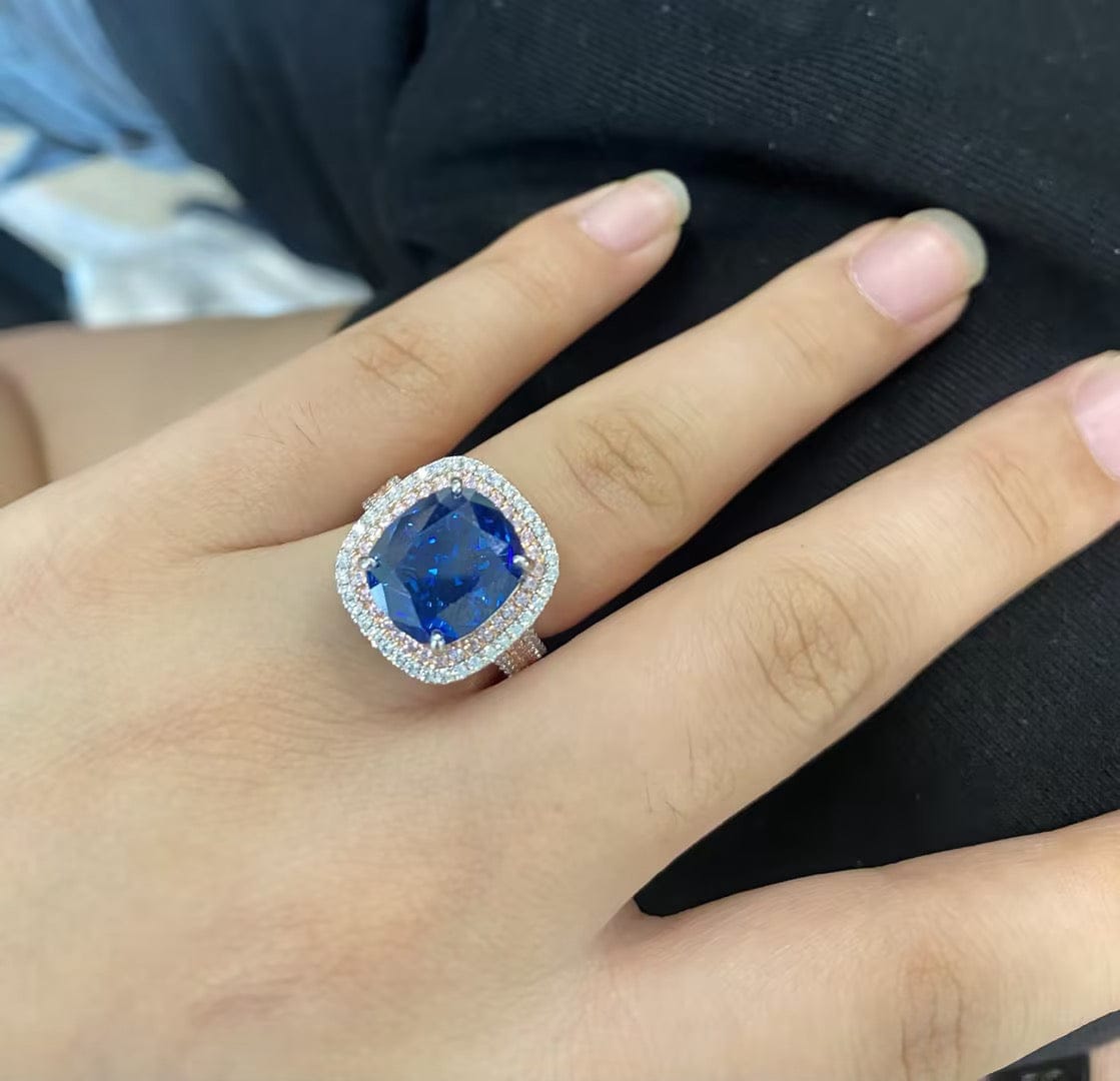 Customer photo review of S925 Double Halo 6.0Ct Cushion Cut Three Shank Vintage Aquamarine Blue&Purple Engagement Ring
