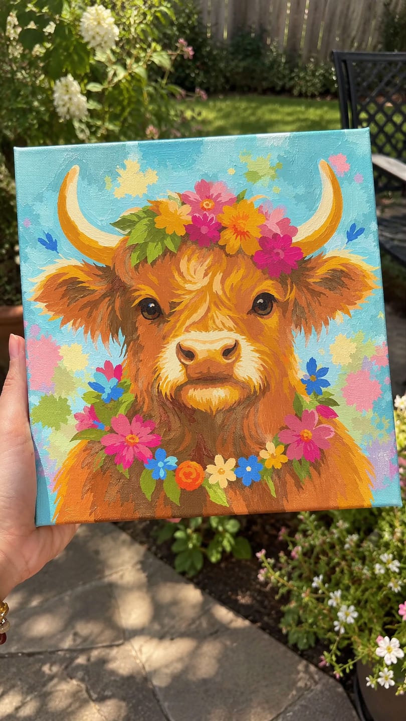 Customer photo review of Mini Peinture par Numéros 20x20cm avec cadre Vache Highland reine du jardin