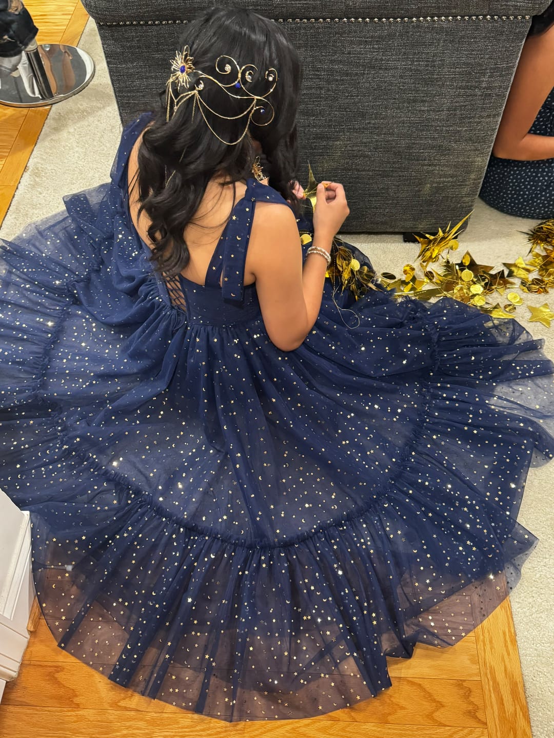 Customer photo review of Dark Navy Tulle Sweetheart Midi Formal Dress with Removable Straps