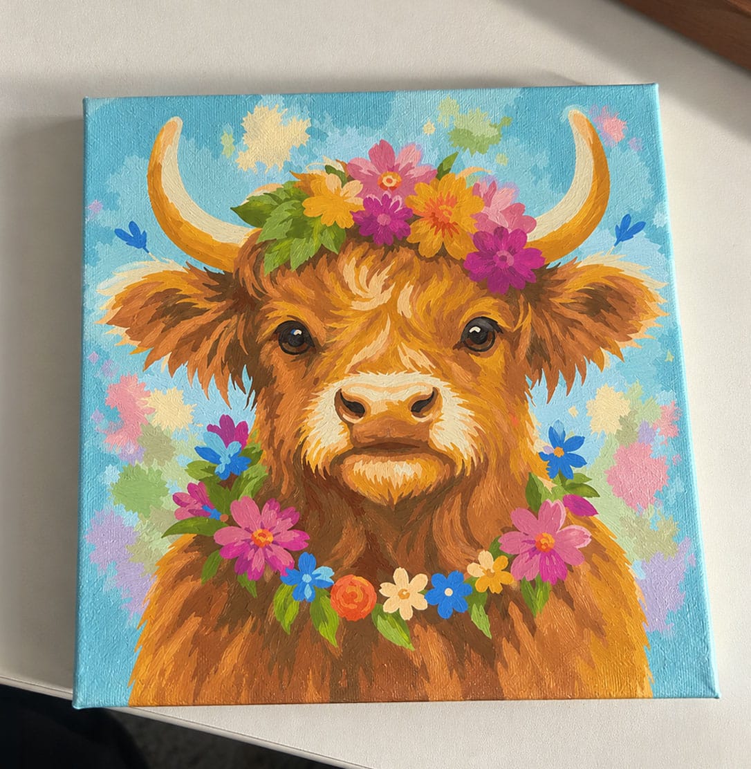 Customer photo review of Mini Peinture par Numéros 20x20cm avec cadre Vache Highland reine du jardin