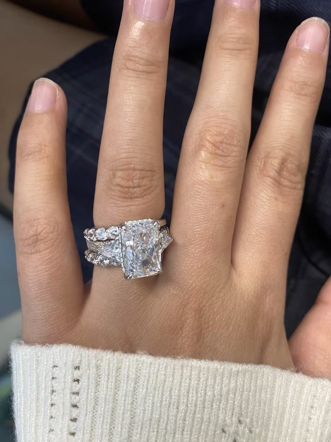 Customer photo review of S925 3PC 5.0Ct Radiant Cut Wedding Ring Set 18K Gold Plated Side Stone Engagement Rings With 2PC Pavé Wedding Band