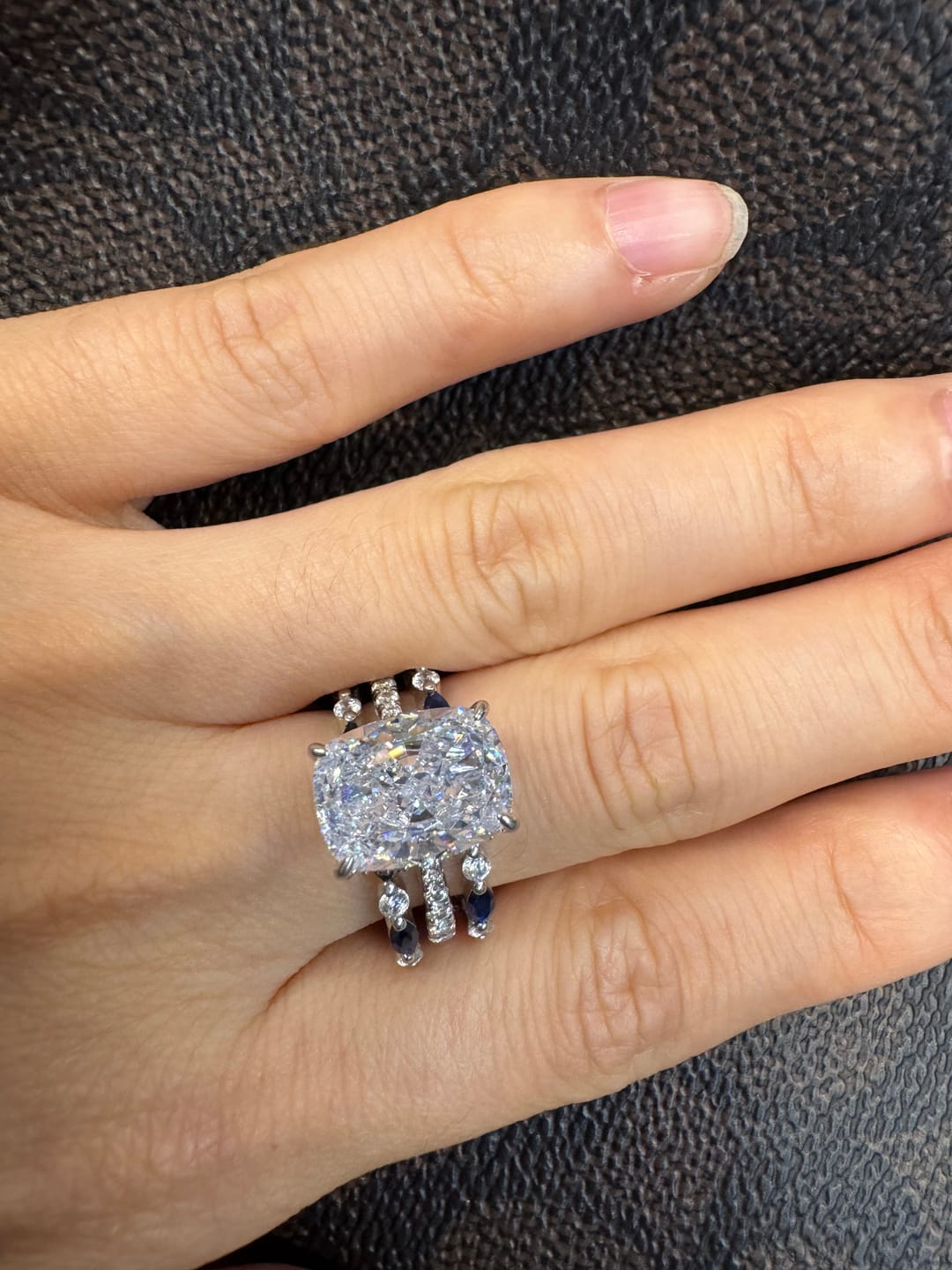 Customer photo review of S925 6.5Ct Cushion Cut Insert Wedding Ring Set With Unique White & Blue/Red Stone Engagement Ring Enhancer