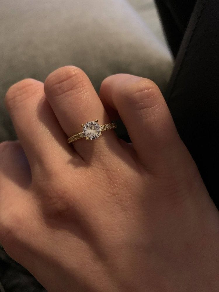 Customer photo review of Iris 2 Carat Round Cut Hidden Halo Lab Grown Diamond Ring in 14K Yellow Gold