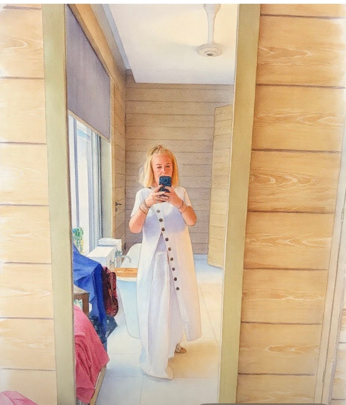 Customer photo review of Split-front Solid Color Buttoned Asymmetric Short Sleeves Loose Round-neck Blouses&shirts Tops