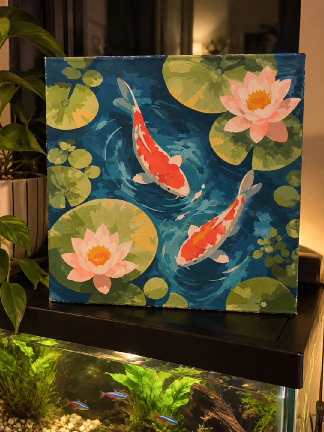Customer photo review of Mini Peinture par Numéros 20x20cm avec cadre Bassin aux Carpes Koï