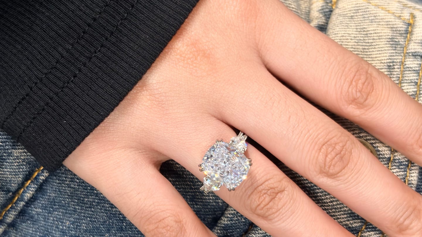 Customer photo review of S925 6.0Ct Cushion Cut Three Stone Engagement Ring Simulated or Moissanite Diamond Bridal Rings For Women