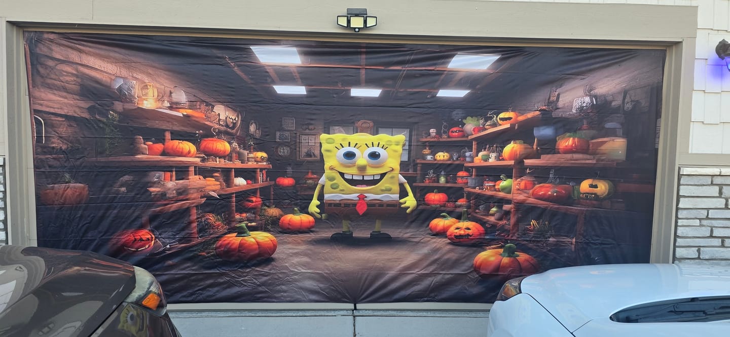 Customer photo review of SpongeBob Smiles Halloween Fun with Pumpkins Garage Door Cover Banner Wrap - Decor Your Door