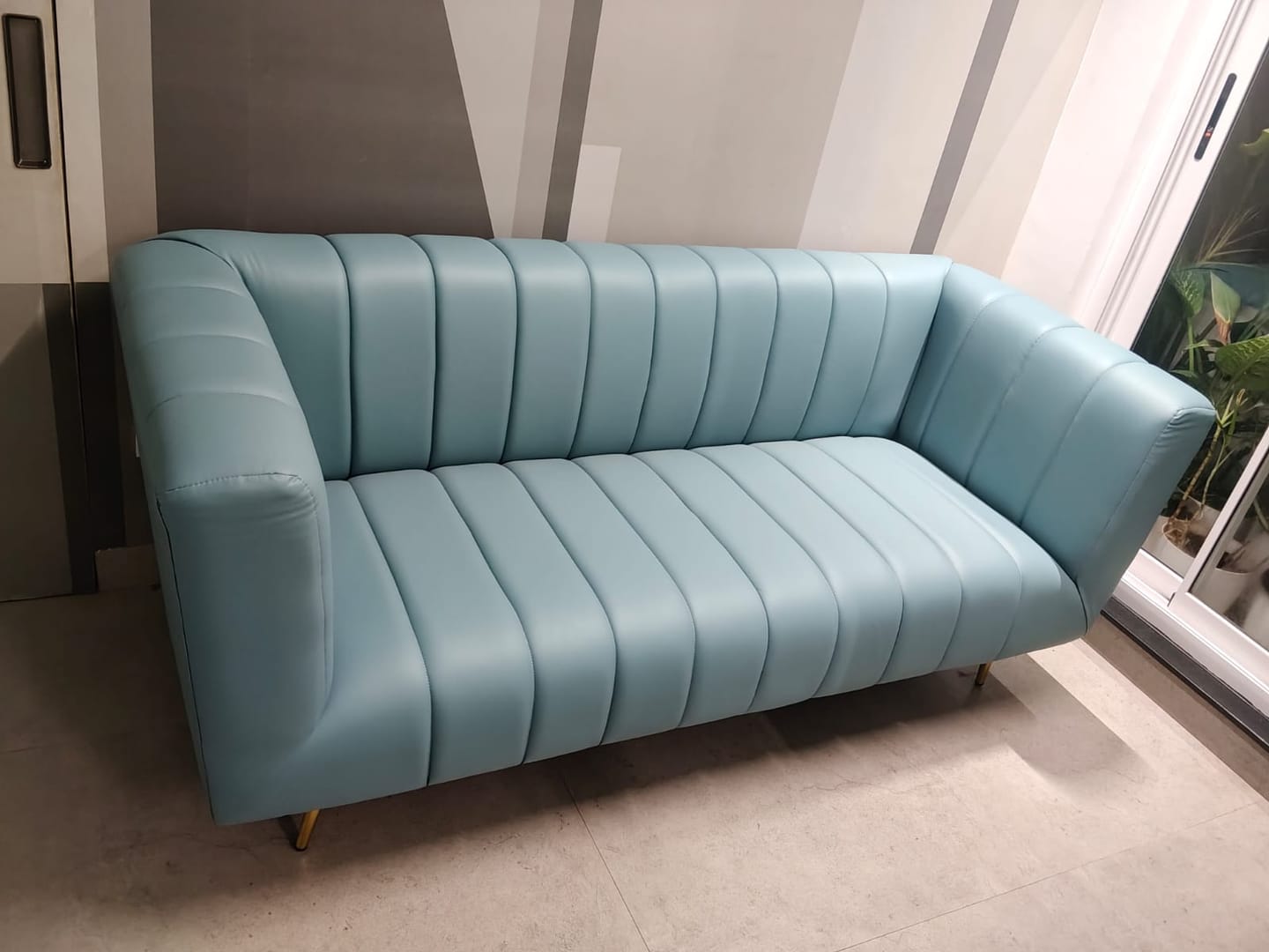Customer photo review of Raman Blue Leatherette 3 Seater Sofa for Living Room