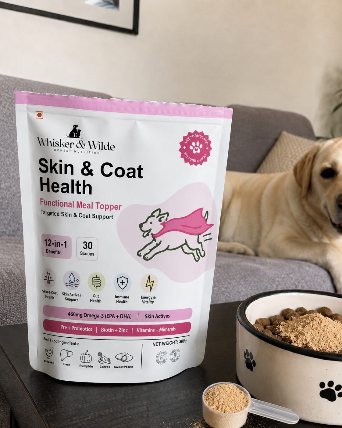 Customer photo review of Skin & Coat Dog Topper · 460mg Omega-3 for Dull Coat, Itchy Skin & Shedding