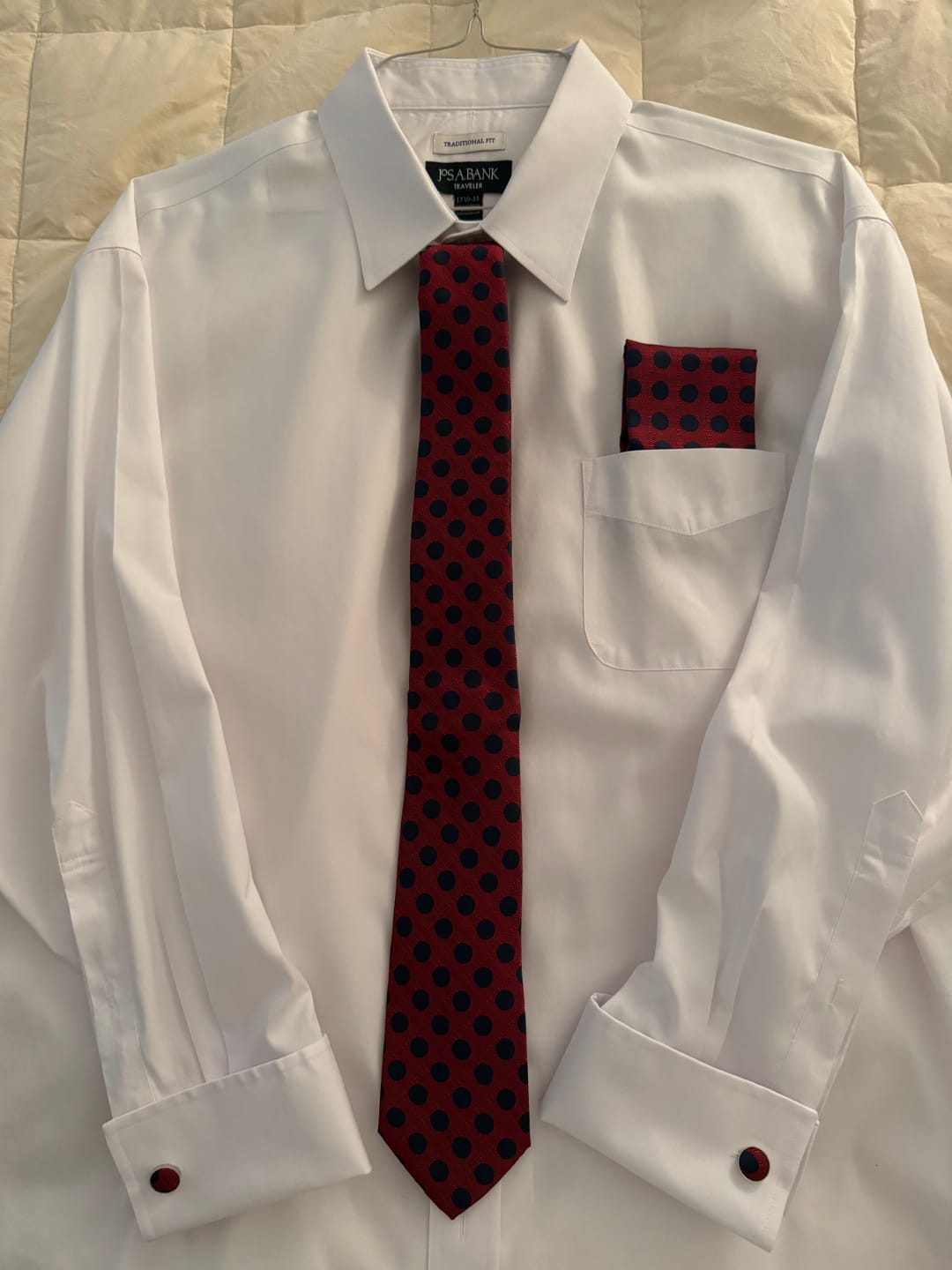 Customer photo review of Ties2you Polka Dot Necktie Maroon Mens Tie Pocket Square Cufflinks Set