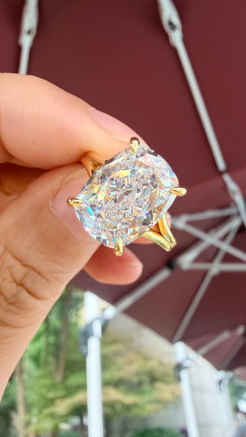 Customer photo review of S925 5.5Ct Cushion Cut Split Shank Engagement Ring Gold Plated Hidden Halo Bridal Ring For Everyday Wear