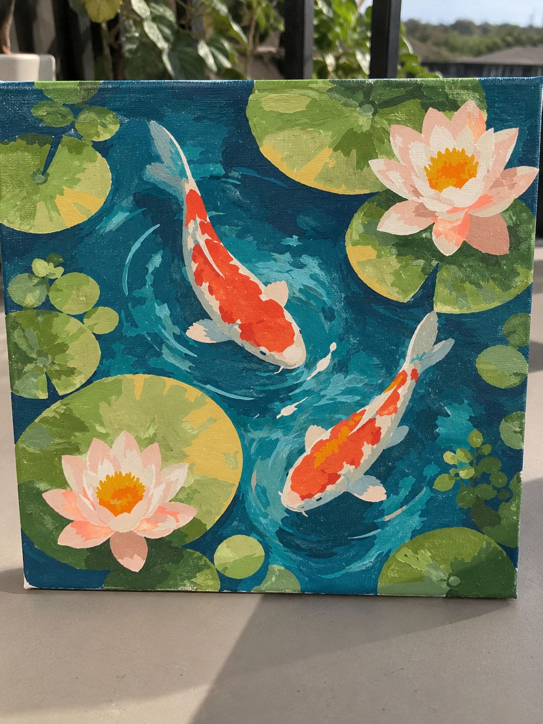 Customer photo review of Mini Peinture par Numéros 20x20cm avec cadre Bassin aux Carpes Koï