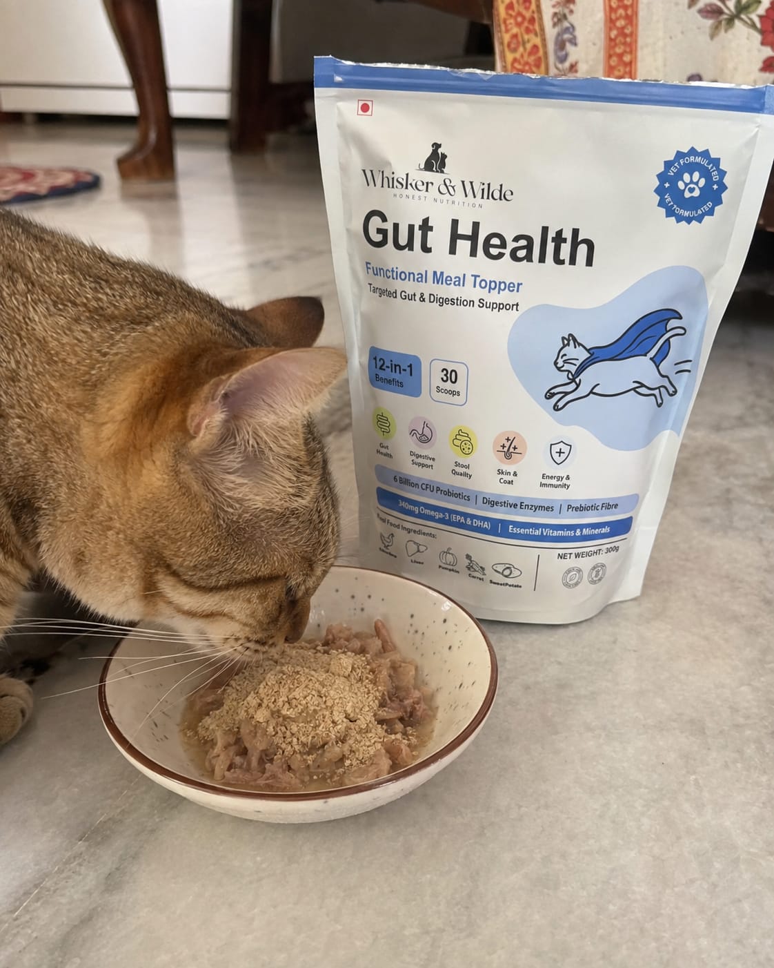 Customer photo review of Gut Health Cat Topper · 6 Billion CFU Probiotics for Loose Stools, Hairballs & Sensitive Stomachs