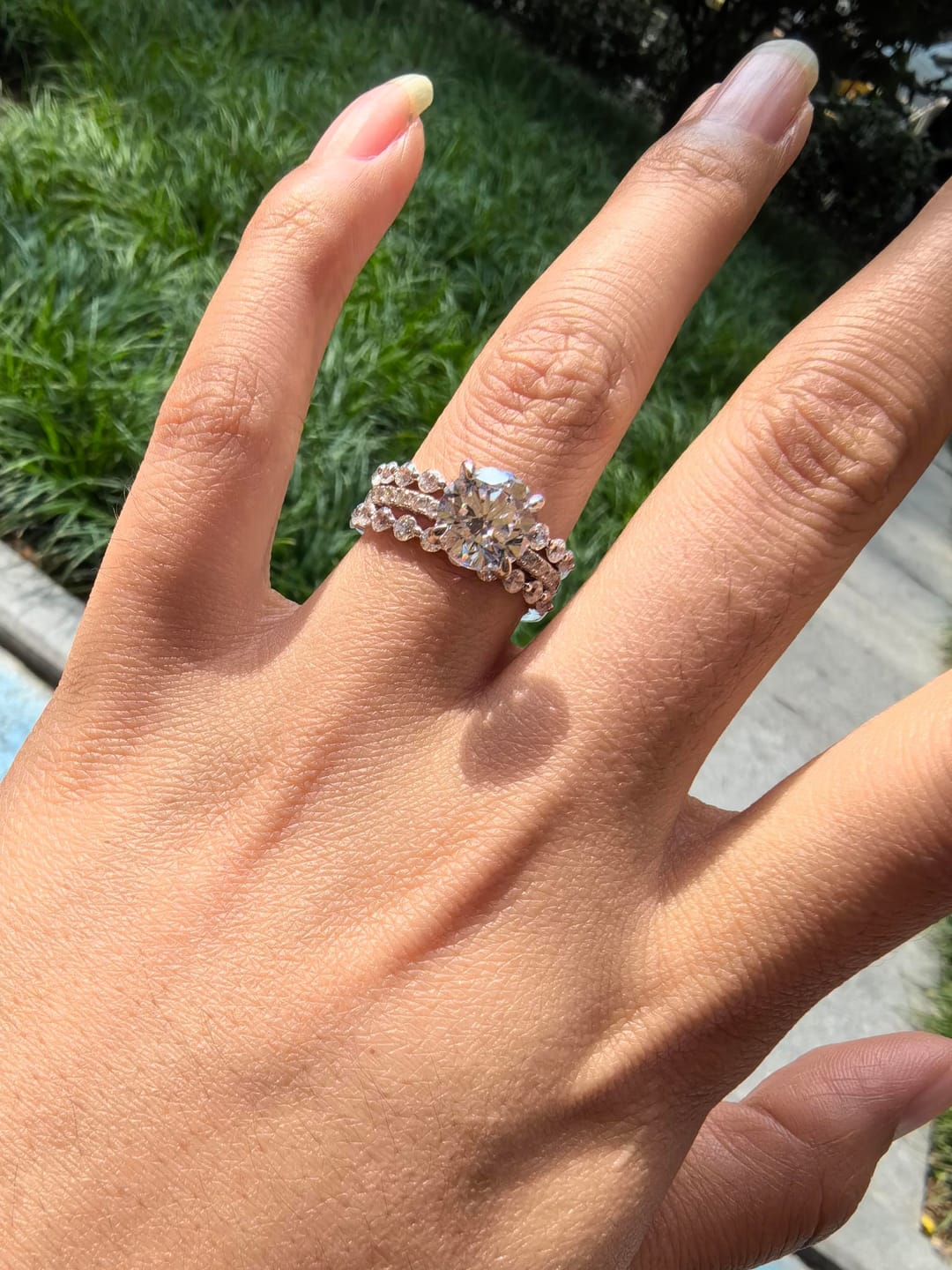 Customer photo review of S925 2.0Ct Round Cut Engagement Ring with 0.77Ct Enhancer Wedding Band For Everyday Wear