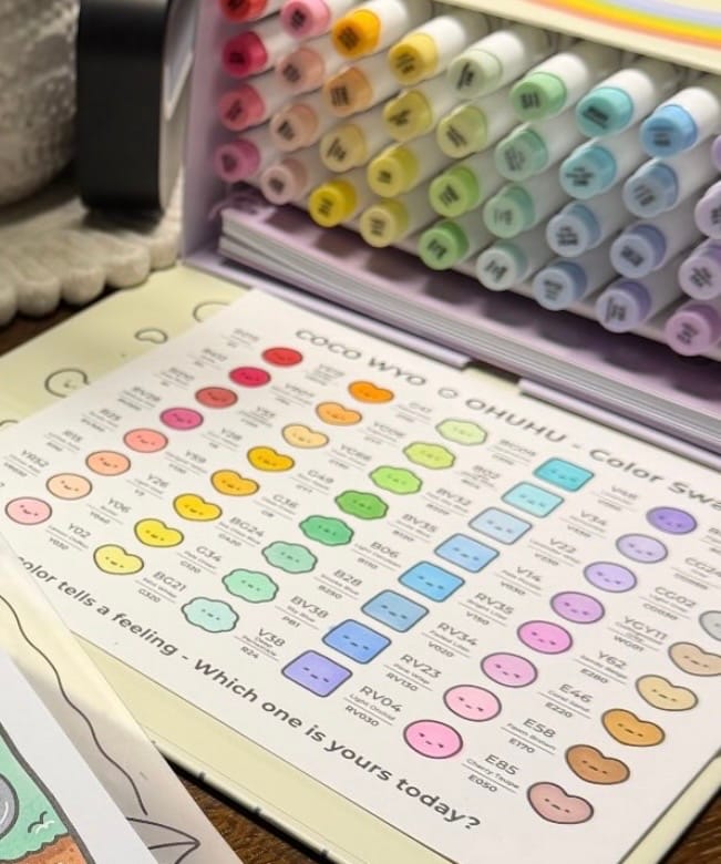 Customer photo review of Ohuhu x Coco Wyo Cozy Mood Coloring Kit, Honolulu B 48 Colors Alcohol Markers with Brush & Fine Dual Tips, Coloring Book with Mood Tracker Pages
