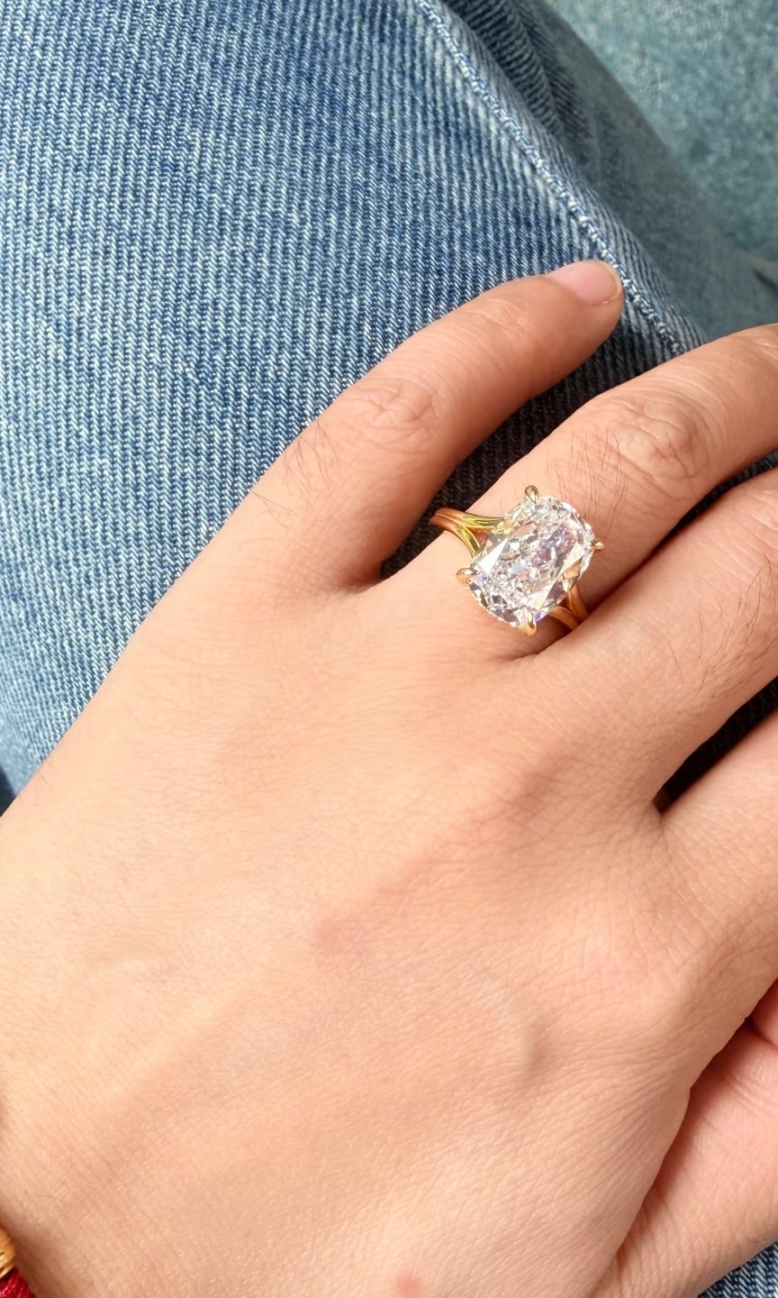 Customer photo review of S925 5.5Ct Cushion Cut Split Shank Engagement Ring Gold Plated Hidden Halo Bridal Ring For Everyday Wear
