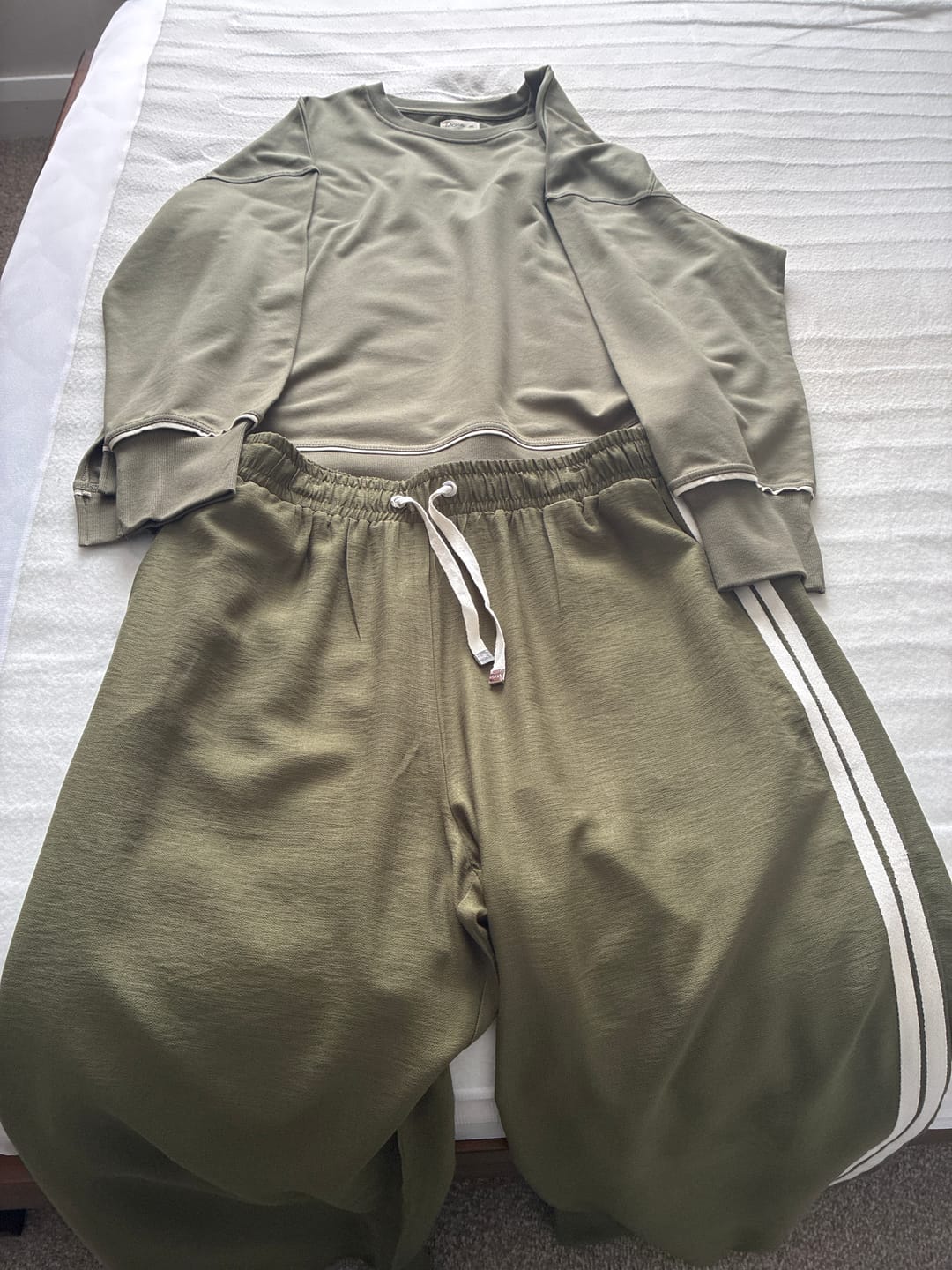 Customer photo review of Indiana Women's Wide Leg Pants | Bonsai Green with Cream Side Stripes