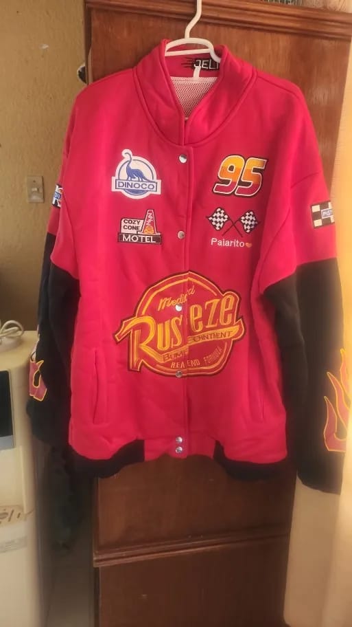 Customer photo review of Men Red Flame Lightning McQueen 95 Racing Bomber Jacket Vintage Rusteze Print Motorcycle Baseball Coat Hip Hop Streetwear