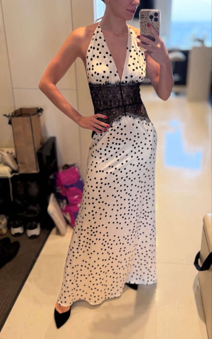 Customer photo review of Women's Polka-Dot Halter Maxi Dress with Lace Waist