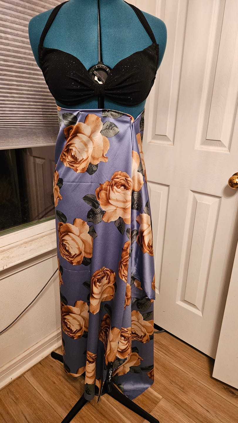 Customer photo review of Blue/Gold Floral Print Satin