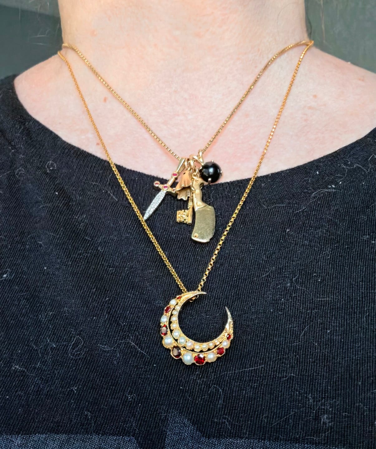 Customer photo review of Antique Victorian 9k Yellow Gold Pearl Garnet Scallop Crescent Slide Pendant