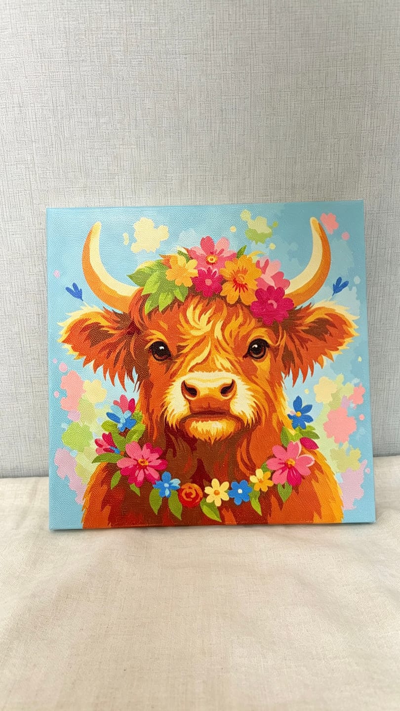 Customer photo review of Mini Peinture par Numéros 20x20cm avec cadre Vache Highland reine du jardin