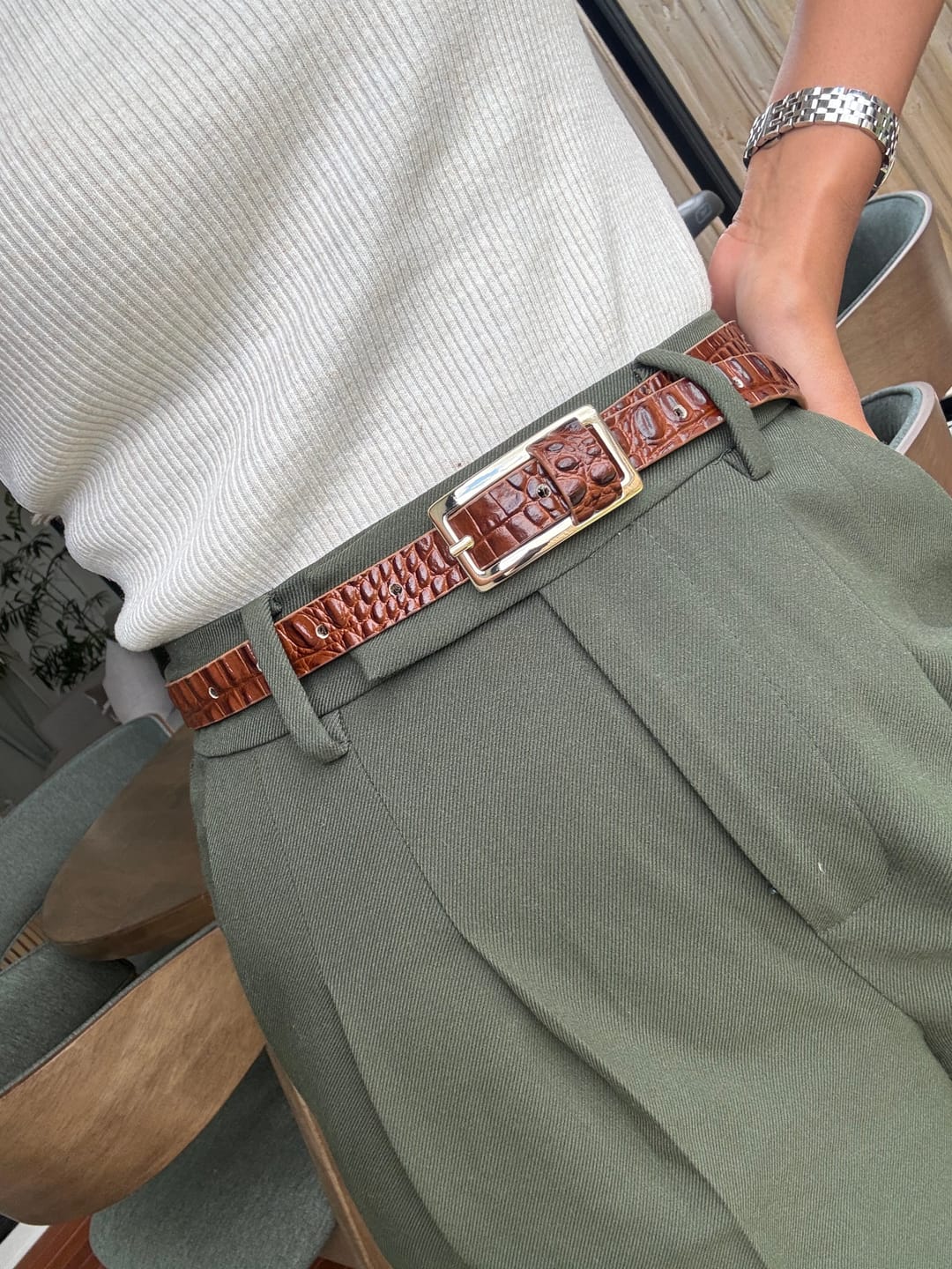 Customer photo review of Dark Brown Slim Gold Belt with Rectangular Buckle - Croc Effect