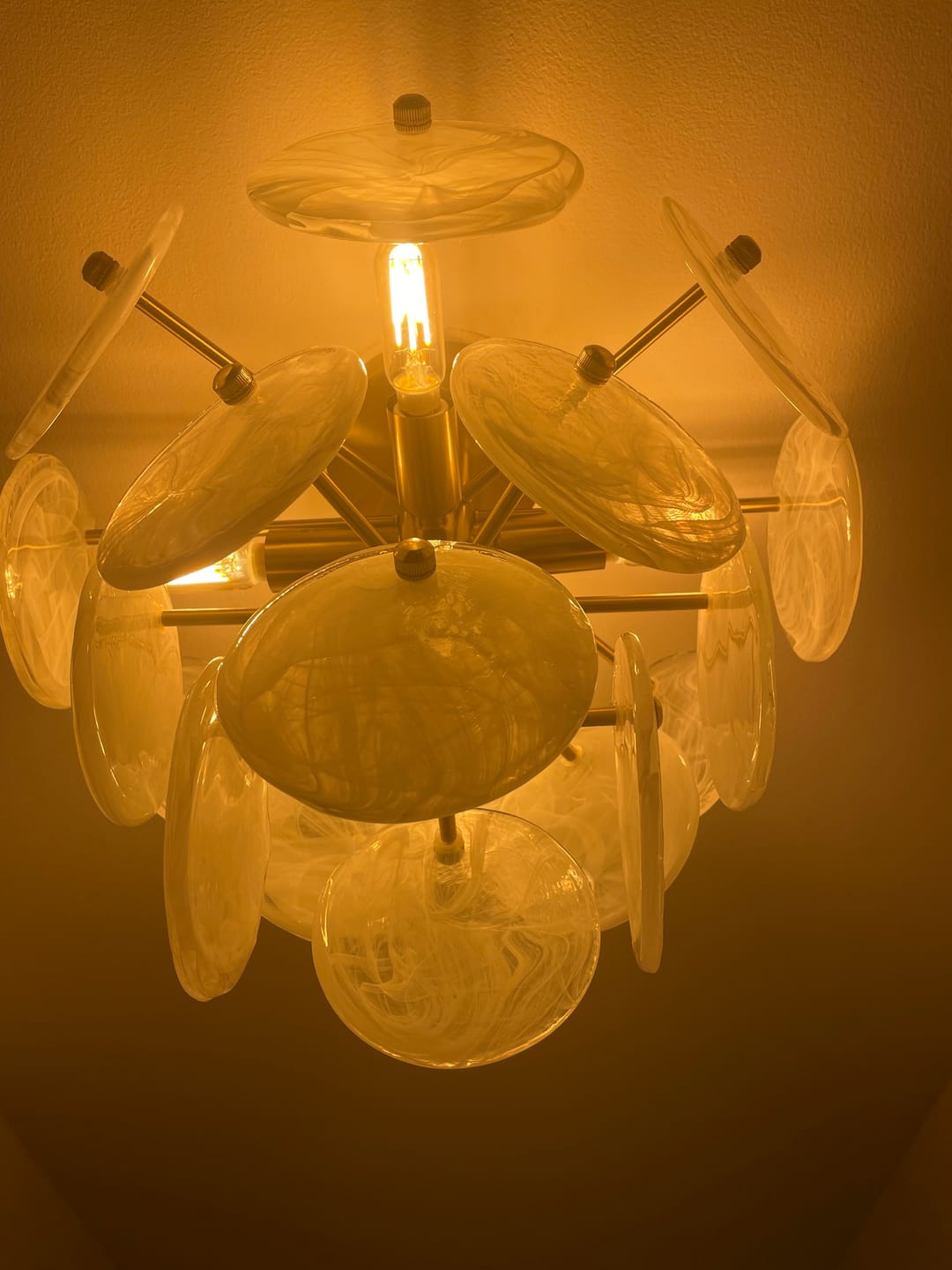 Customer photo review of Brass Tiered Opal Swirl Glass Semi Flush Chandelier