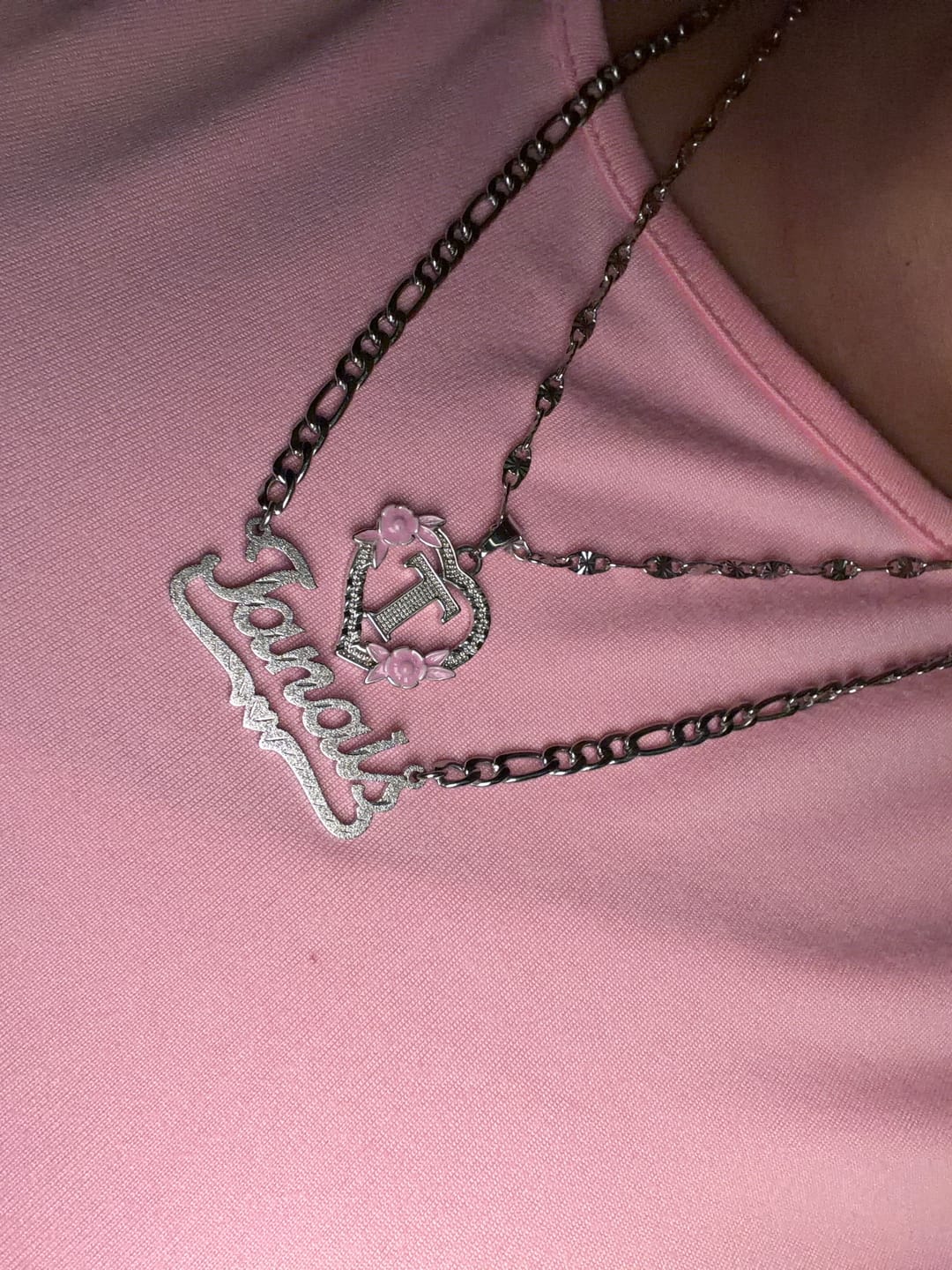 Customer photo review of Flower Initial Necklace w/ Clip Chain