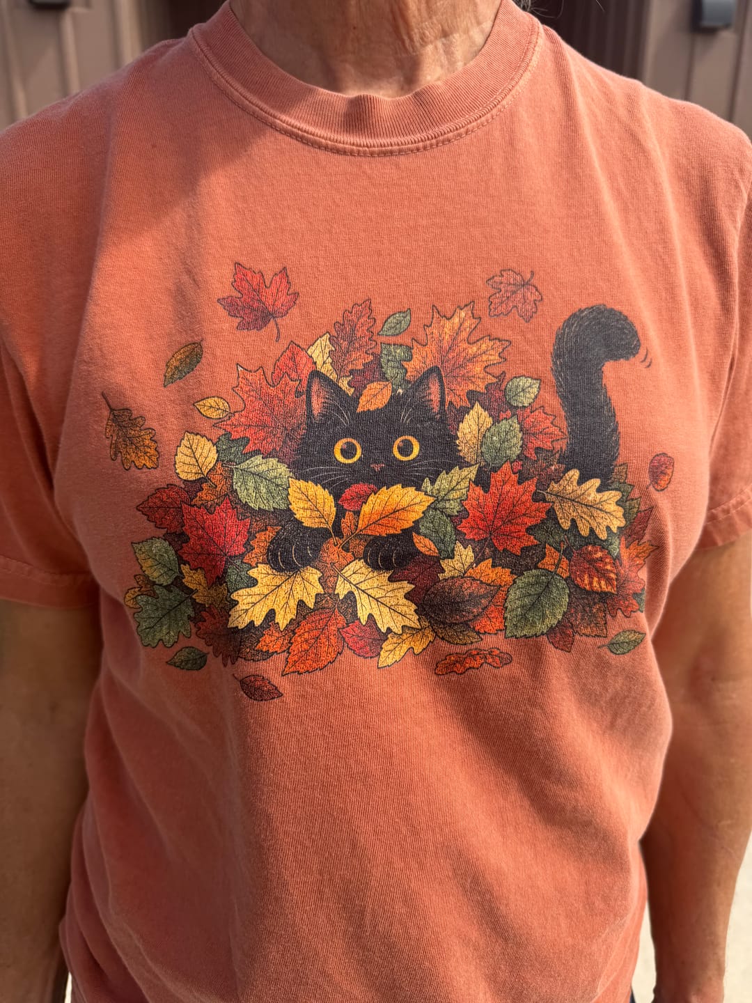 Customer photo review of Leaf Peeper Black Cat T-Shirt