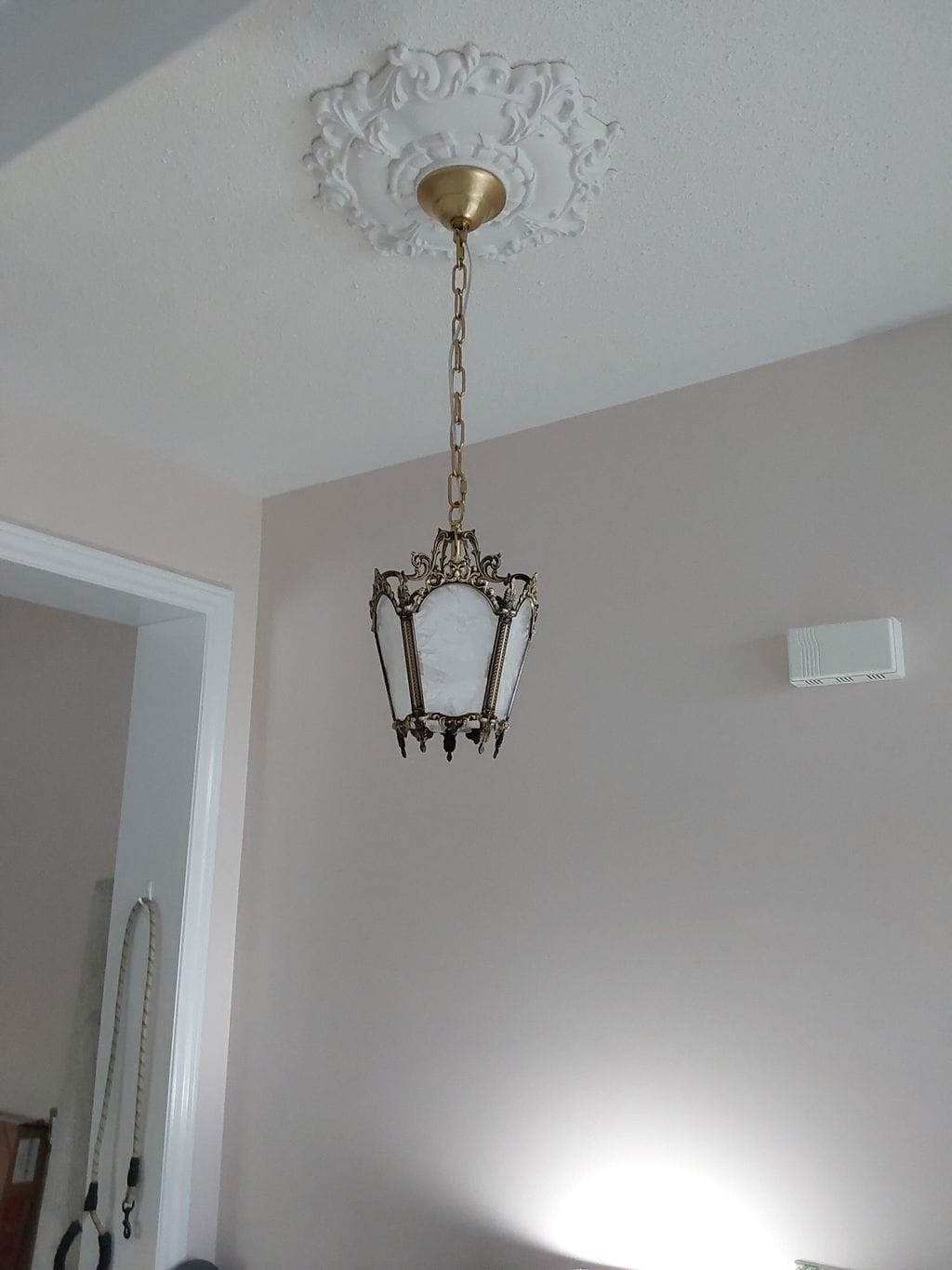 Customer photo review of Ornate Brass Pendant Light, Frosted White Glass Panes, 23 cm
