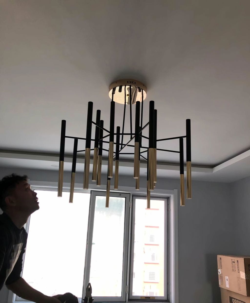 Customer photo review of Black Gold Tubular Chandelier, Metal Rods, 60 to 120 cm