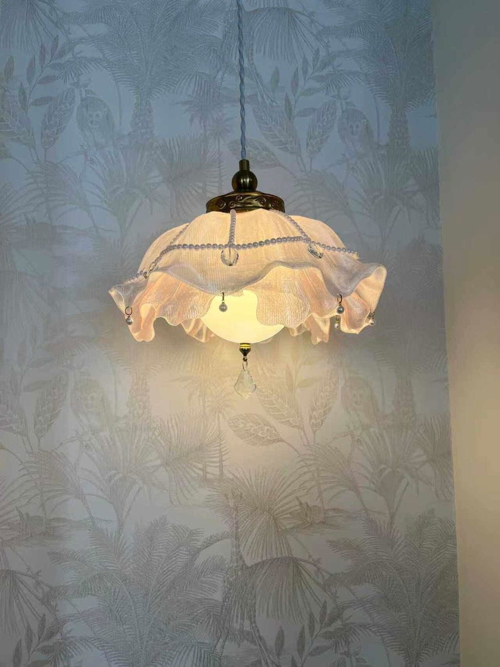 Customer photo review of Ruffled Crystal Pendant Light, Pink and White, Gold Metal, 30 cm