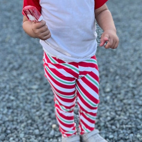 Customer photo review of Candy Cane Stripe Kids Leggings