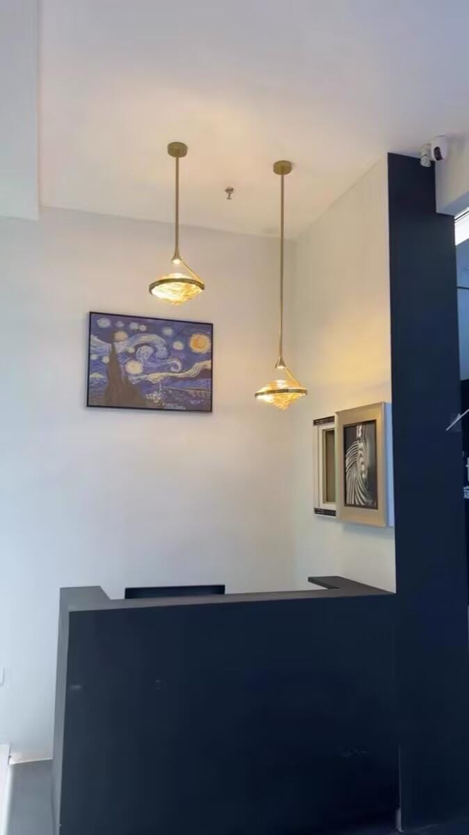 Customer photo review of Faceted Glass Pendant Lamp, Amber Shade, Gold Finish, 25 cm