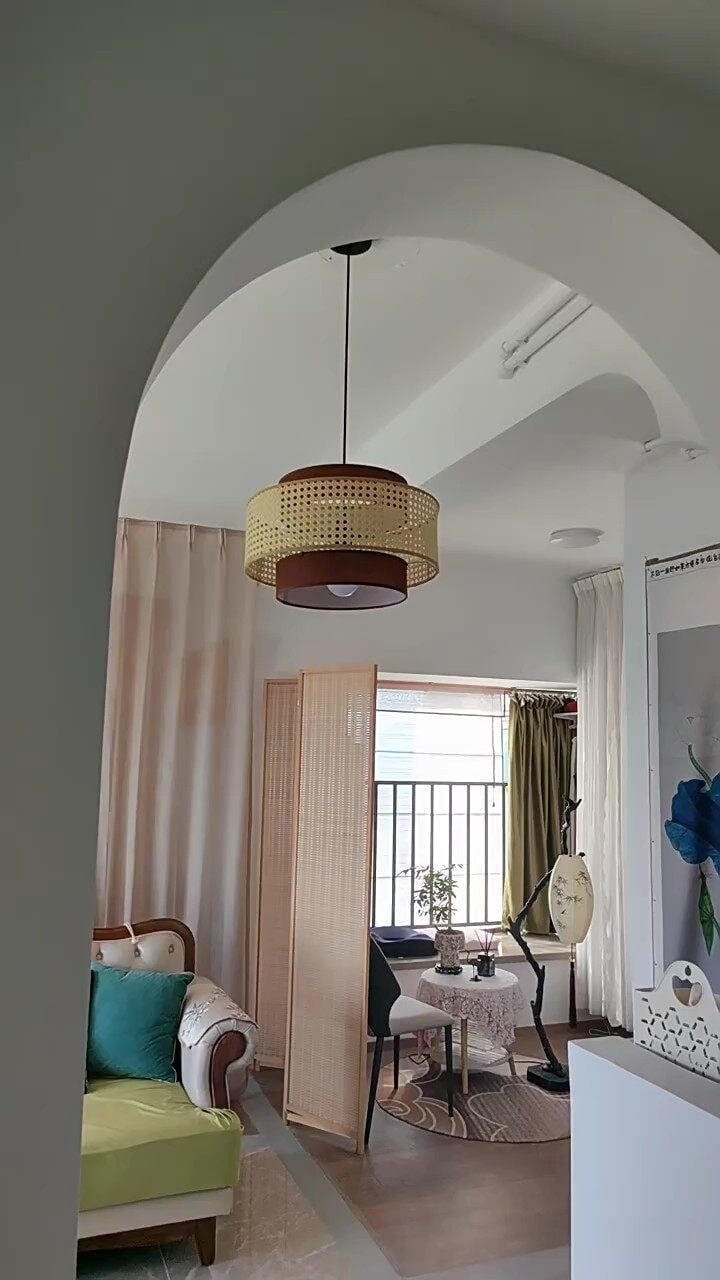 Customer photo review of Rattan Drum Pendant Light, Black Linen Inner Shade, 40 to 80 cm