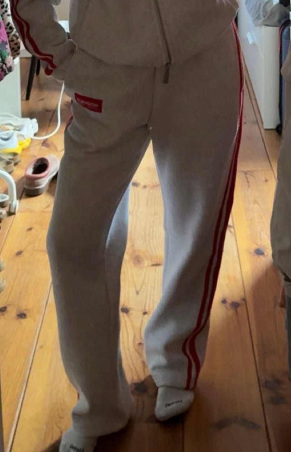 Customer photo review of STRIPED STRAIGHT LEG SWEATPANTS LIGHT GREY/RED