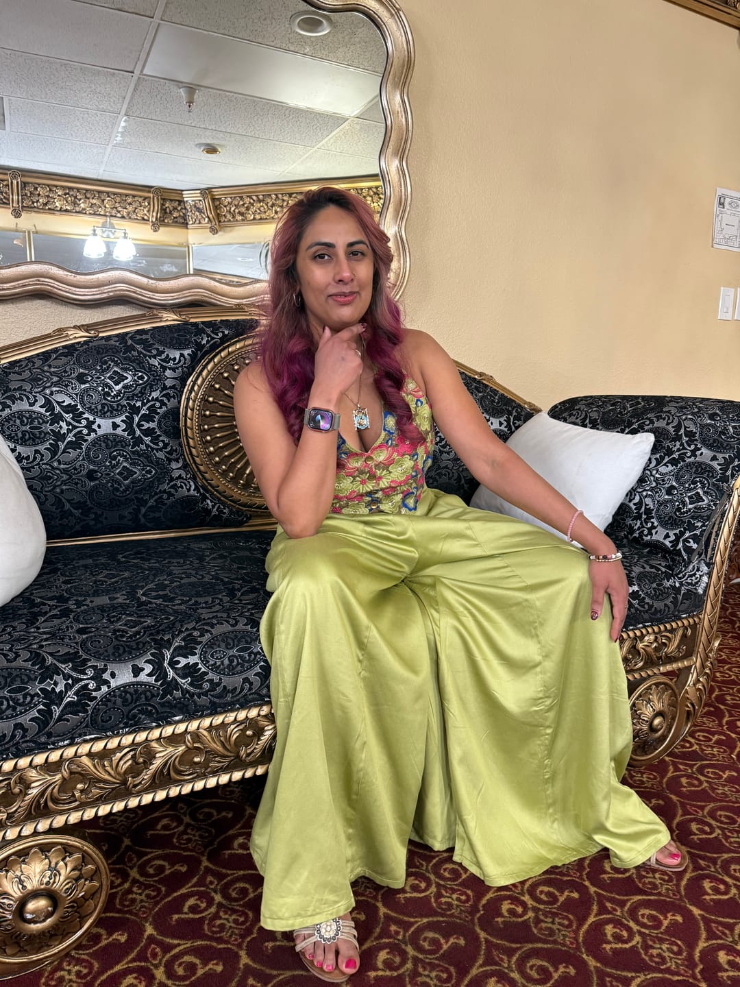 Customer photo review of Pistachio Silk Botanical Wave Palazzo Set