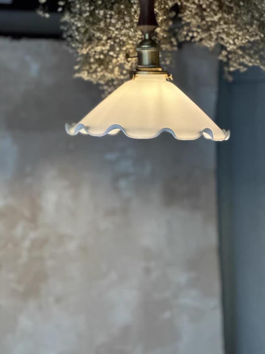 Customer photo review of White Glass Flower Pendant Light, Brass and Walnut, 25 cm