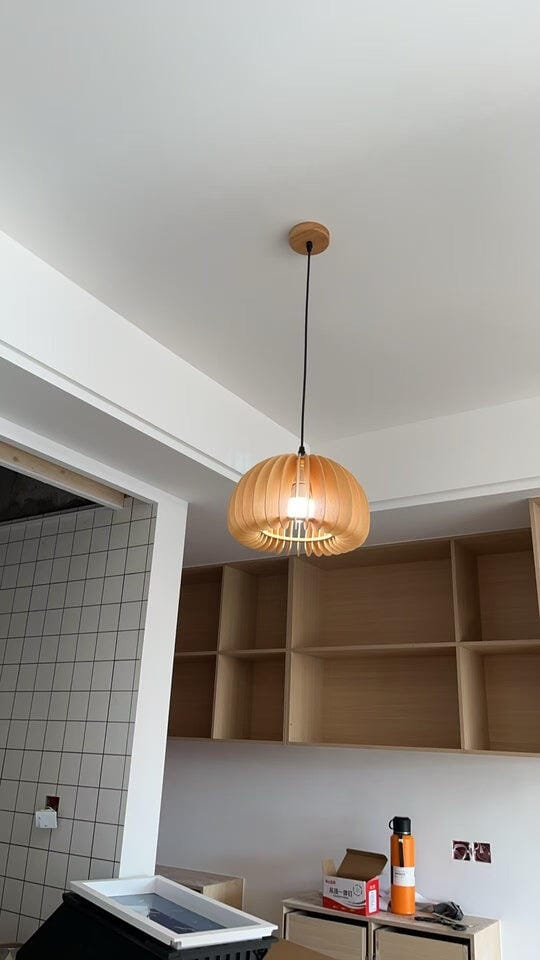 Customer photo review of Wood Pendant Lamp, Rounded Slat Dome, Natural Wood, 150 cm Cord