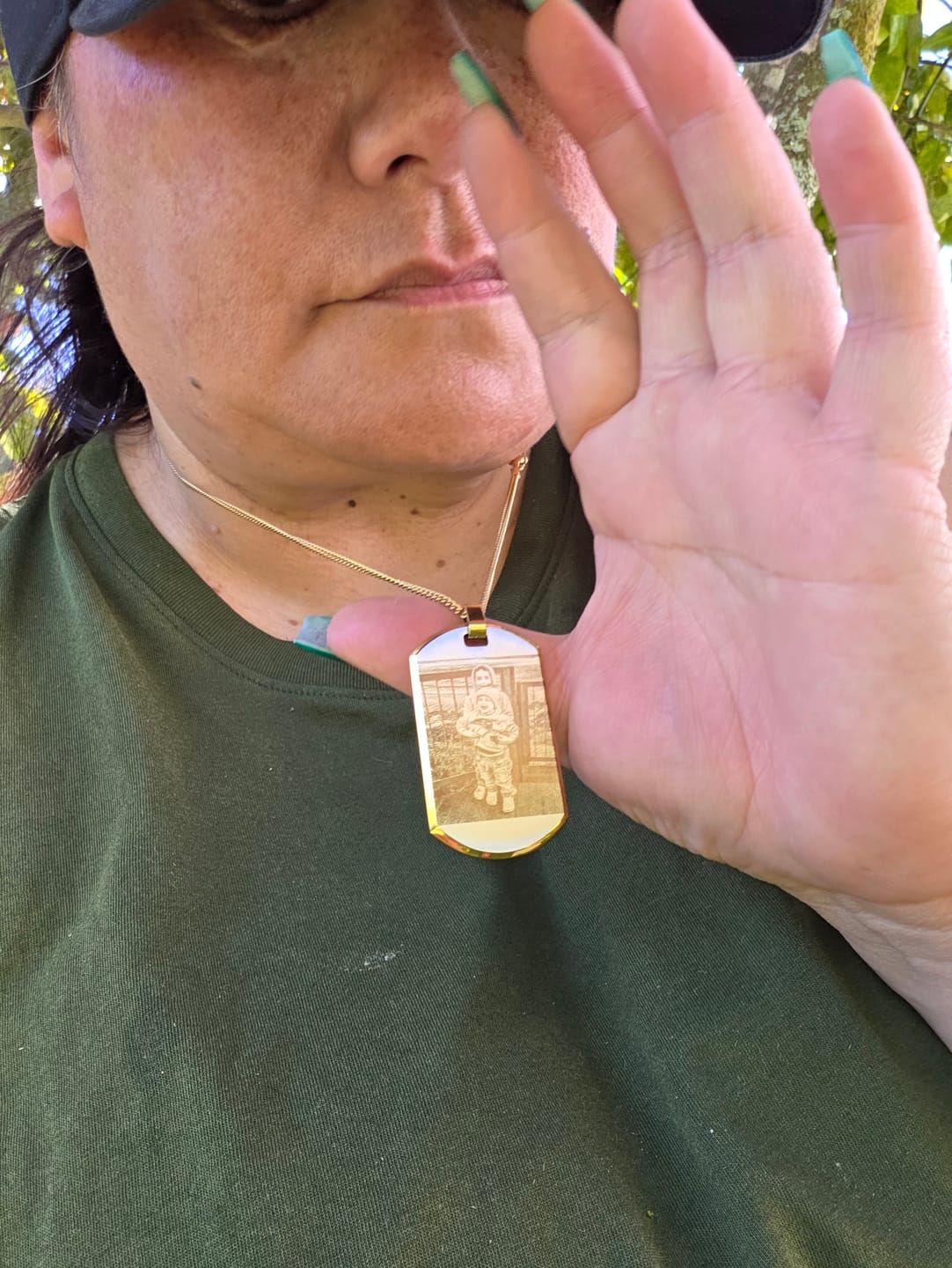 Customer photo review of Two Tone 18K Gold Plated Personalised Custom Photo & Text Dog Tag Necklace
