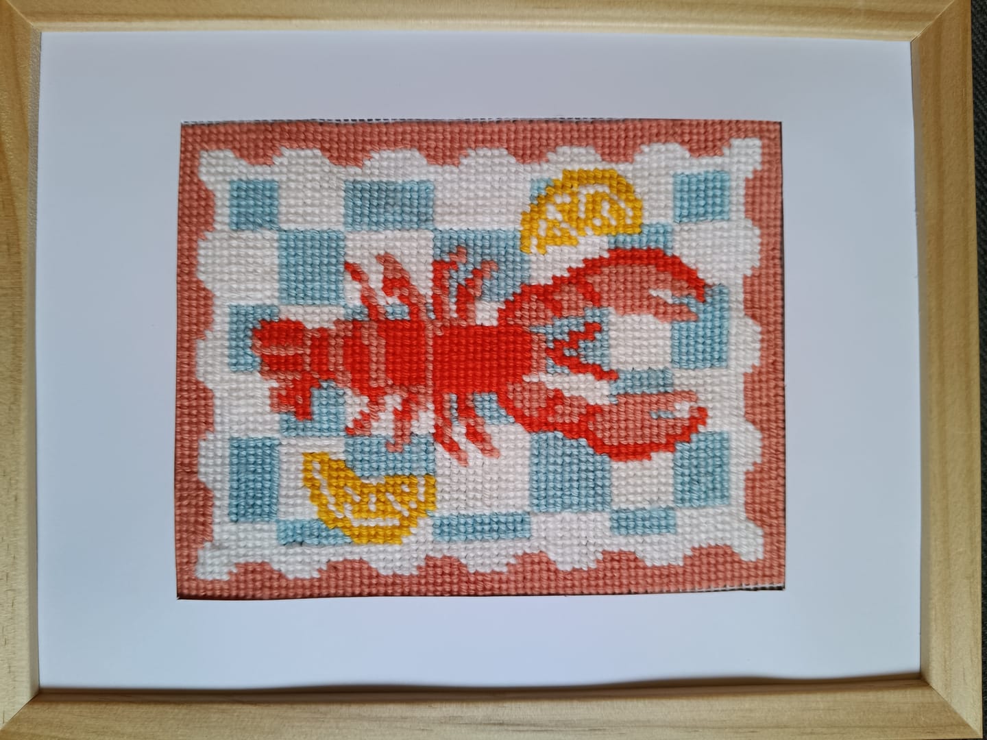 Customer photo review of Lobster Stamp Needlepoint Kit